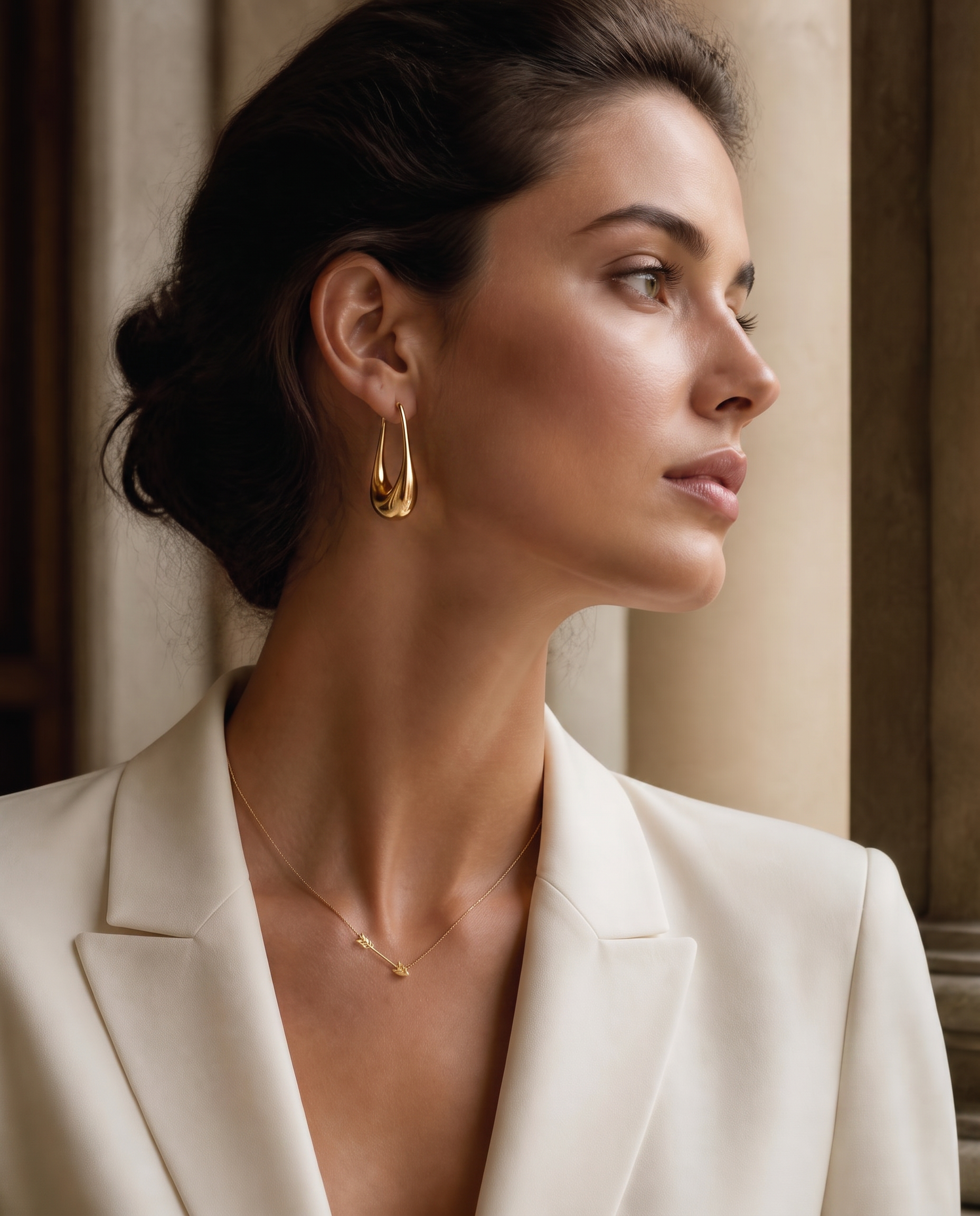 Frau mit Arrow-Anhänger und goldenen Flow Hoops von Kollmar & Jourdan